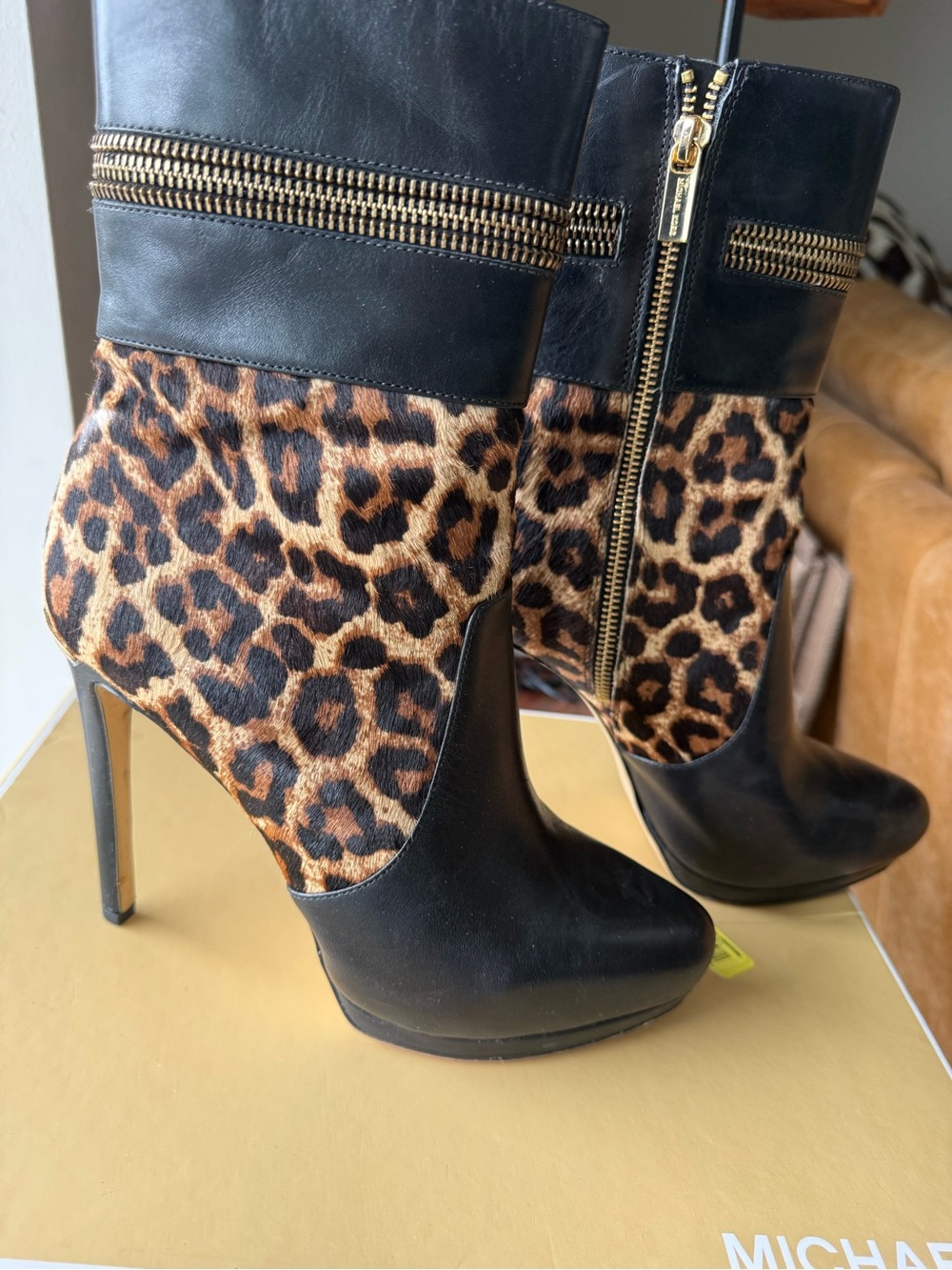 Michael Kors Leopard and Black Leather Stiletto Ankle Boots